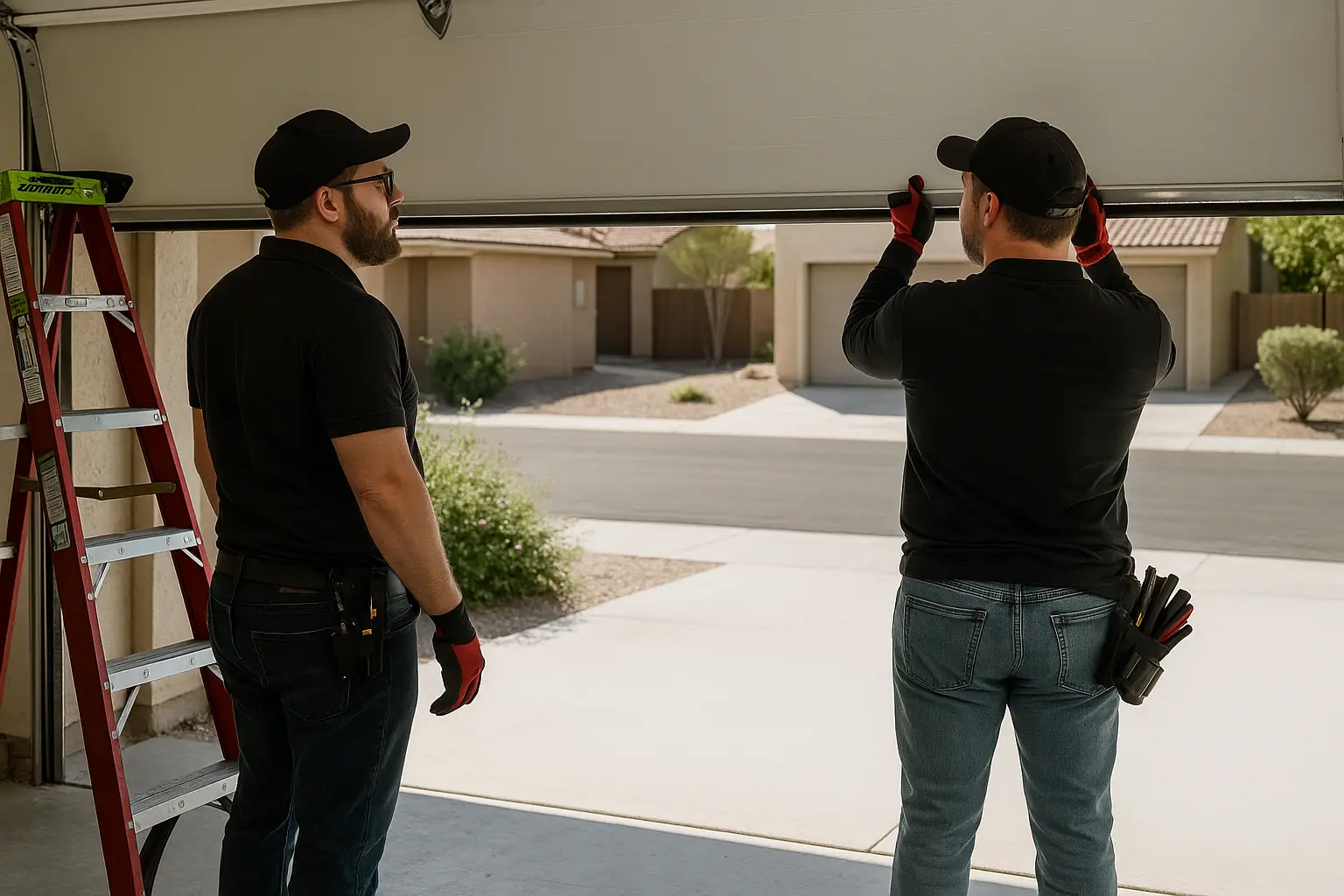 Techniciens effectuant une réparation d’urgence d’ouvre-porte de garage résidentiel