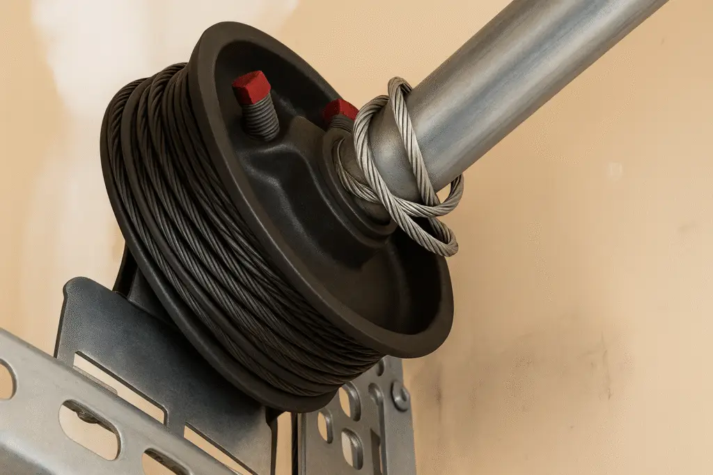 Gros plan sur un tambour de câble de porte de garage avec le câble enroulé autour de l’axe de torsion, illustrant un composant critique du système de levage