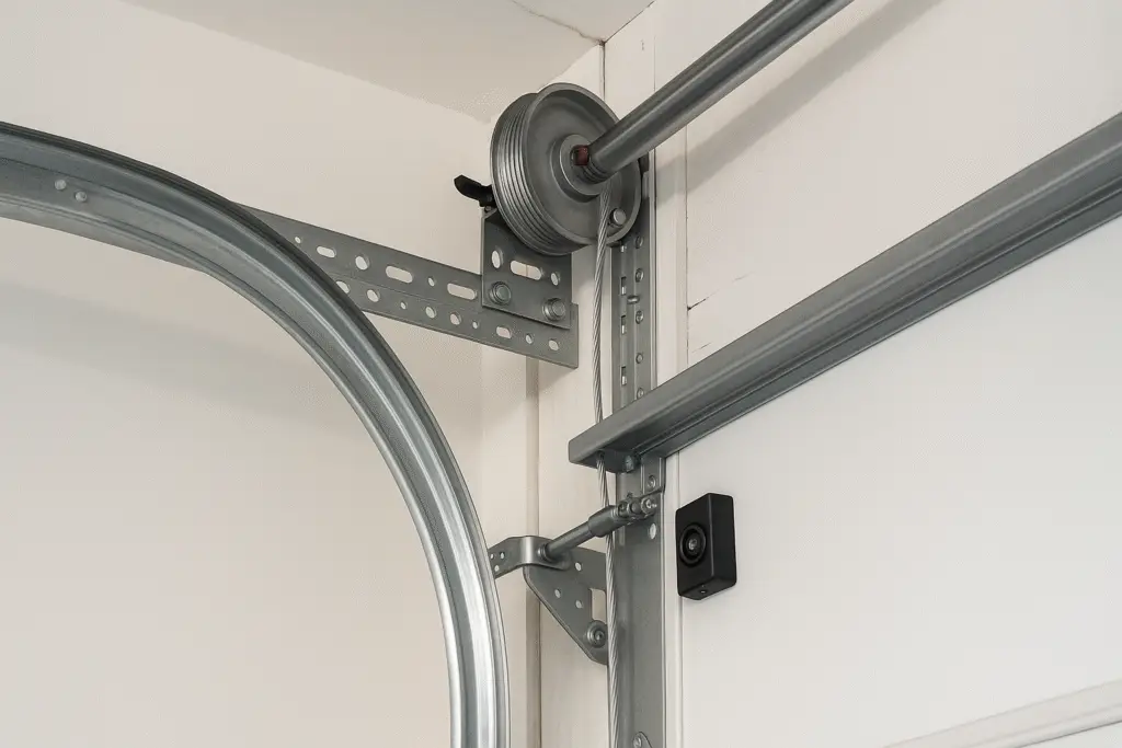 Vue rapprochée d’un tambour de câble fixé à l’axe avec rail vertical et capteur de sécurité d’ouvre-porte, montrant les composants du système de levage d’une porte de garage